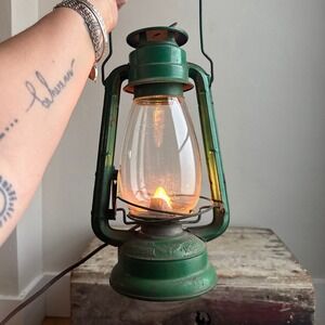 Vintage Green Lantern Electric Lamp Winged Wheel No. 500 Made in Japan Rustic